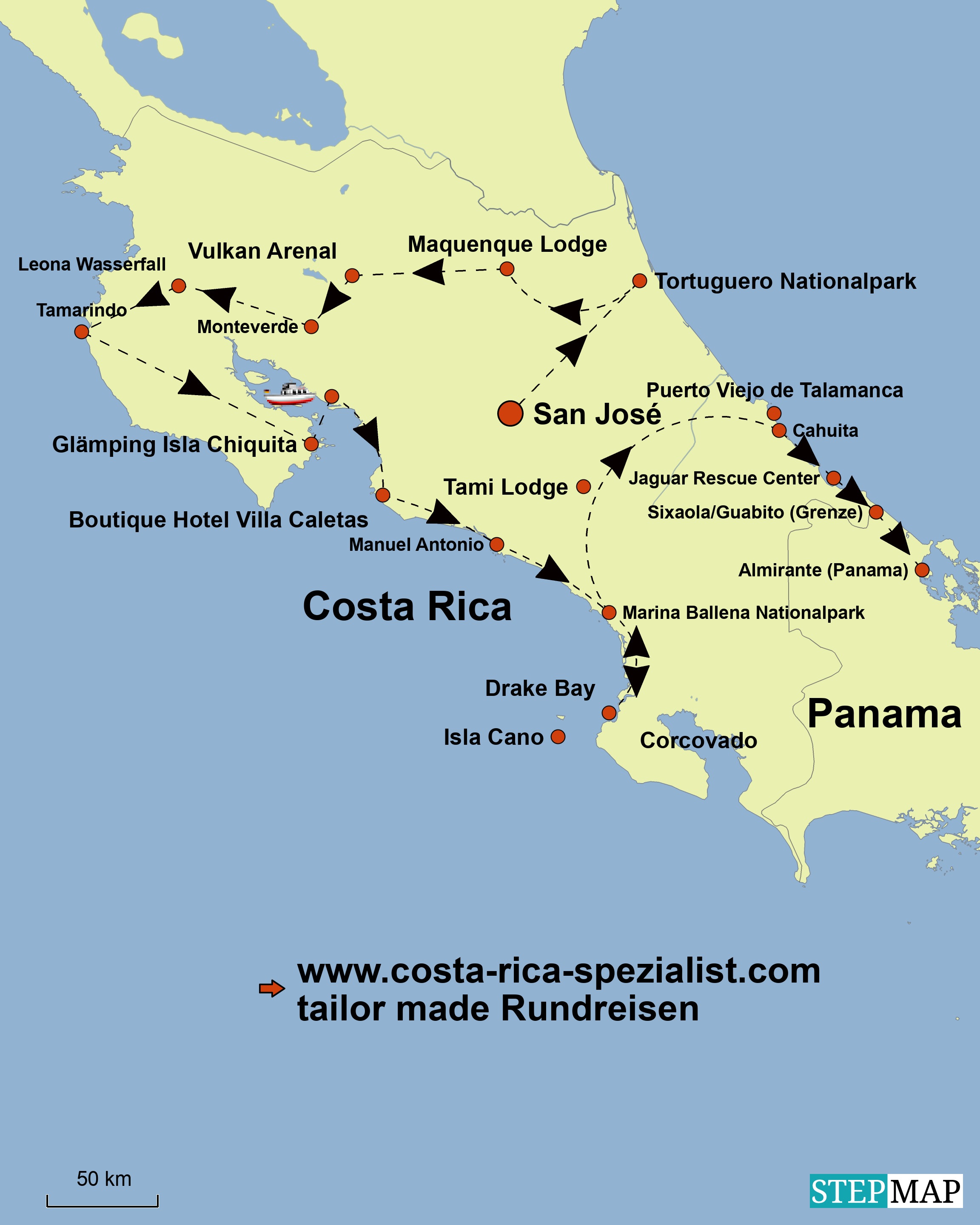 StepMap Karte tailor made Costa Rica Rundreise Kopie
