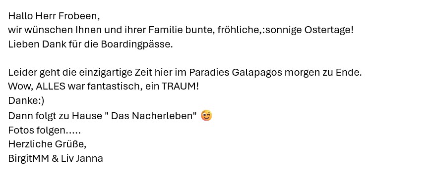 feedback vom 20.04.25 Galapagos Reise Familie Mundhenke